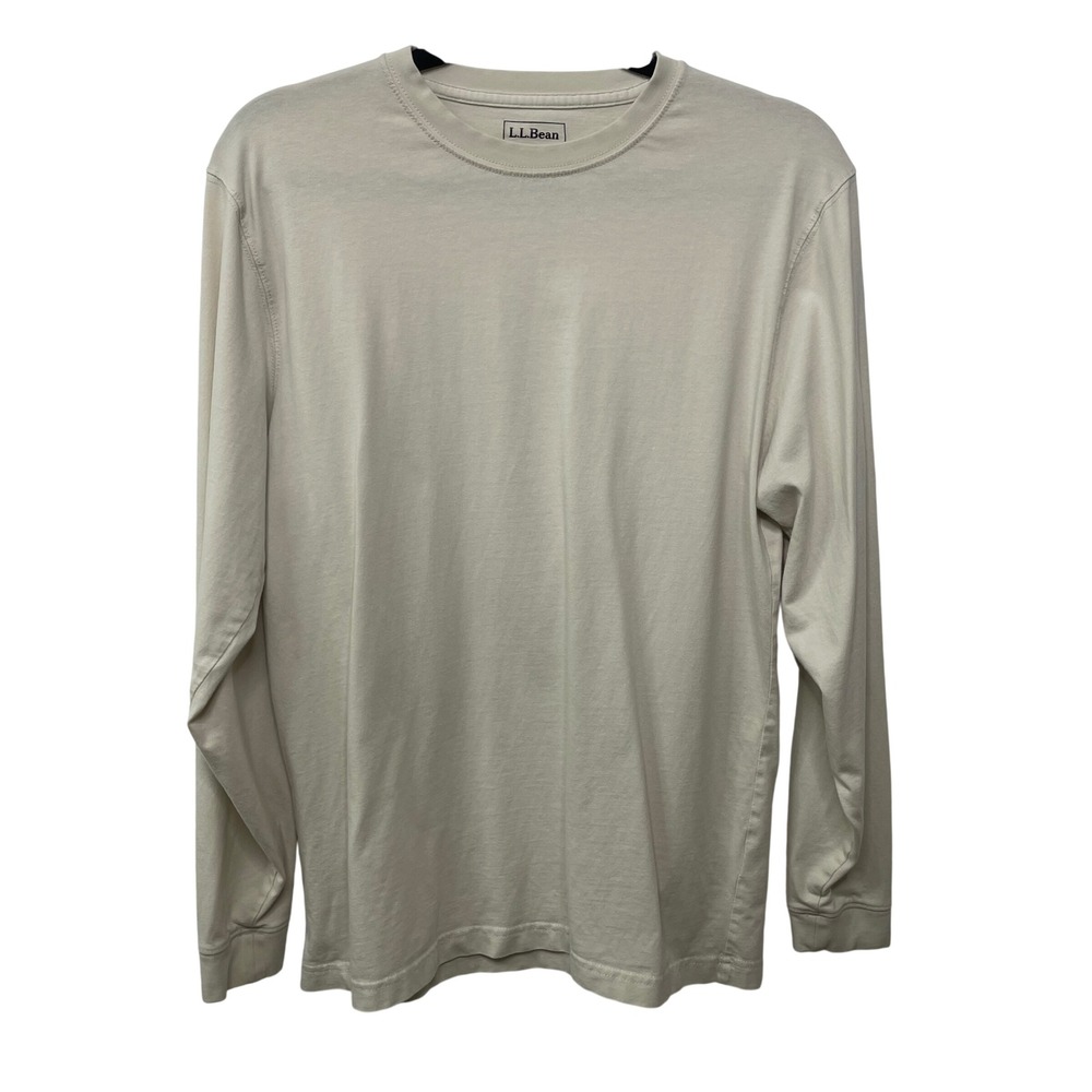 LL Bean Mens 100% Cotton Long Sleeve T-Shirt Traditional Fit Cream‎ Crewneck S
